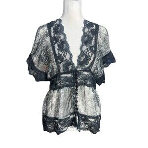 Vintage Y2K Passports Sheer Mesh Top Floral Lace Black Women's Sz L Whimsigoth